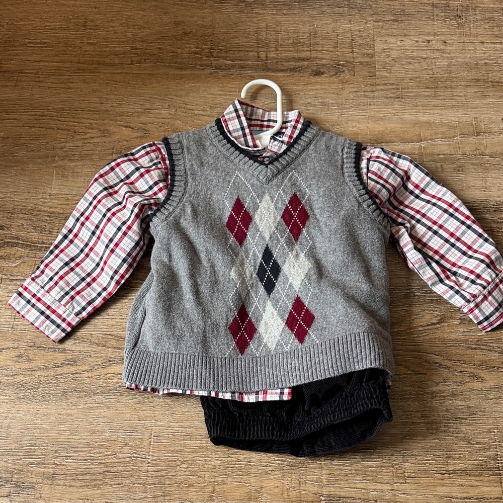 Good Lad Gray Argyle Sweater Vest with Red Plaid Shirt, Black Pants Set